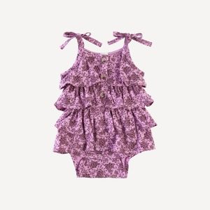 SOLD- NWT Kate Quinn 12-18m - Tie Tiered Dress Bodysuit - Plum Fan Floral Cotton